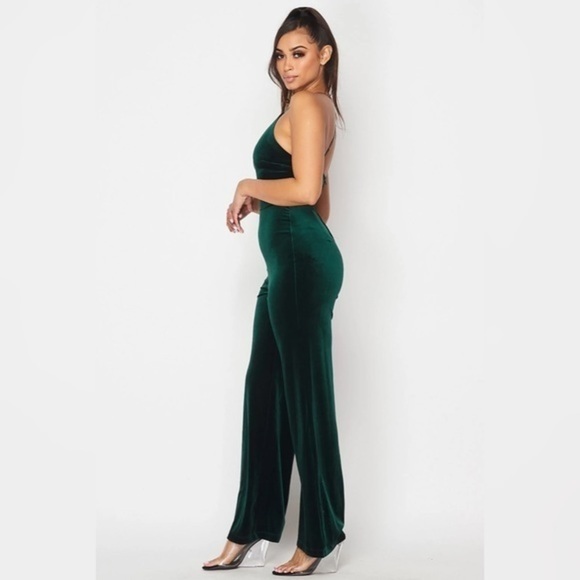 Teeze Me Criss Cross Strap Emerald Velvet Jumpsuit - Picture 3 of 9